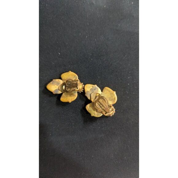 Vintage West Germany Amber Glass Clip-On Earrings Floral Design 1.25" Rhinestone - Picture 10 of 10